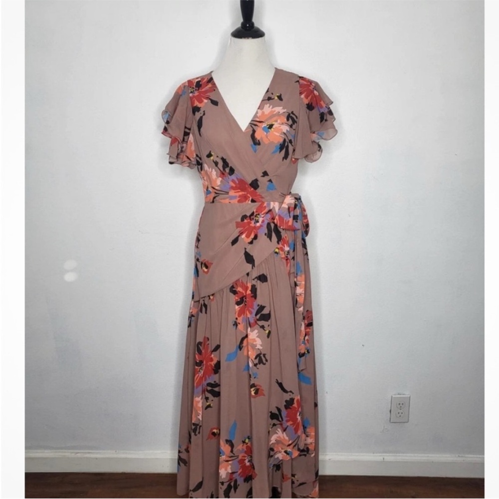 HUTCH Caleb Dress Wrap‎ Flutter Sleeves Midi Floral Taupe Anthropologie Size S